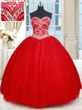 Trendy Red Sleeveless Tulle Lace Up 15th Birthday Dress for Military Ball and Sweet 16 and Quinceanera