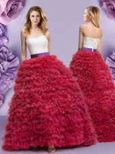  Wine Red Lace Up Quinceanera Gown Lace and Ruffled Layers Sleeveless Floor Length