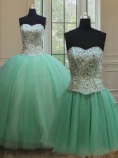 Sophisticated Three Piece Floor Length Apple Green Quinceanera Gown Tulle Sleeveless Beading