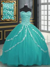  Turquoise Ball Gowns Beading and Appliques Quinceanera Gown Lace Up Tulle Sleeveless With Train