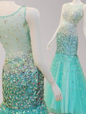 Fashion Turquoise Mermaid Scoop Sleeveless Tulle Brush Train Side Zipper Beading Evening Dress