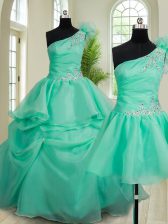 Clearance Three Piece One Shoulder Floor Length Turquoise Sweet 16 Dress Organza Sleeveless Beading and Hand Made Flower
