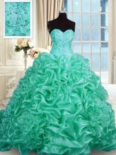  Beading and Pick Ups Quince Ball Gowns Turquoise Lace Up Sleeveless With Train