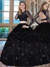  Scoop Black Long Sleeves Taffeta Backless Quinceanera Gowns for Military Ball and Sweet 16 and Quinceanera