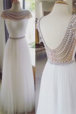  White Cap Sleeves Beading Floor Length Dress for Prom
