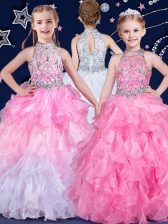  Halter Top Floor Length White and Pink And White Little Girl Pageant Gowns Organza Sleeveless Beading and Ruffles