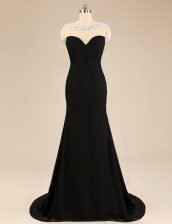Fashionable Sleeveless Chiffon With Brush Train Backless Dress for Prom in Black with Beading