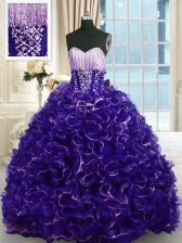  Sweetheart Sleeveless Quinceanera Gown With Brush Train Beading and Ruffles Purple Organza