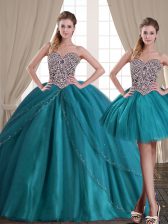 Perfect Three Piece Teal Sleeveless With Train Beading Lace Up Quince Ball Gowns