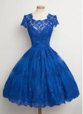 New Arrival Square Lace Homecoming Dress Royal Blue Zipper Cap Sleeves Knee Length