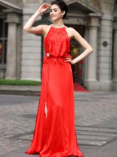  Coral Red Silk Like Satin Zipper Scoop Sleeveless Floor Length Dress for Prom Beading and Appliques