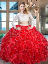Excellent Scoop Red Zipper Sweet 16 Quinceanera Dress Beading and Lace and Ruffles Long Sleeves Floor Length