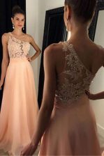 Decent One Shoulder Chiffon Sleeveless Prom Dress Sweep Train and Beading and Lace