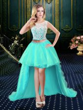 Custom Fit Scoop Aqua Blue Clasp Handle Evening Dress Lace Sleeveless High Low