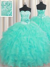Comfortable Handcrafted Flower Aqua Blue Sleeveless Organza Lace Up Sweet 16 Dress for Military Ball and Sweet 16 and Quinceanera