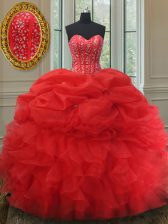 Fantastic Pick Ups Red Sleeveless Organza Lace Up 15 Quinceanera Dress for Military Ball and Sweet 16 and Quinceanera
