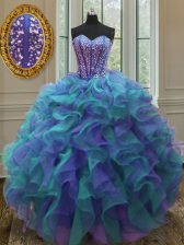 Most Popular Sweetheart Sleeveless Quinceanera Gown Floor Length Beading and Ruffles Multi-color Organza
