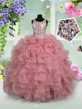 Customized Scoop Floor Length Pink Party Dress for Girls Organza Sleeveless Ruffles and Sequins