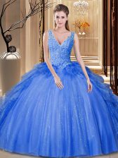 Unique Royal Blue 15 Quinceanera Dress Military Ball and Sweet 16 and Quinceanera with Sequins and Pick Ups V-neck Sleeveless Backless