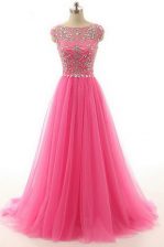Fancy Lace Hot Pink Prom and Party with Beading Bateau Short Sleeves Zipper