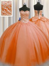  Puffy Skirt Sleeveless Tulle Floor Length Lace Up Sweet 16 Dress in Orange Red with Beading