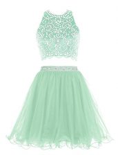 New Arrival Halter Top Sleeveless Organza Mini Length Clasp Handle Evening Dress in Apple Green with Beading