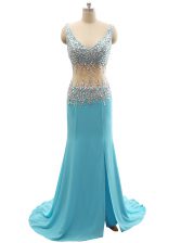 Mermaid Aqua Blue V-neck Zipper Beading Prom Dresses Brush Train Sleeveless