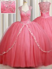 Trendy Straps Watermelon Red Sweet 16 Quinceanera Dress Tulle Sweep Train Cap Sleeves Beading and Appliques