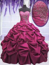 Latest Fuchsia Ball Gowns Taffeta Sweetheart Sleeveless Beading and Appliques and Pick Ups Floor Length Lace Up Vestidos de Quinceanera