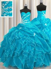 Chic Aqua Blue Ball Gowns Beading and Appliques and Ruffles Quinceanera Dresses Lace Up Organza Sleeveless Floor Length