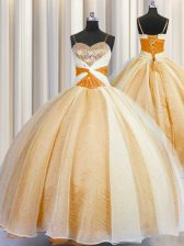 Fashionable Spaghetti Straps Gold Organza Lace Up Quinceanera Dress Sleeveless Floor Length Beading and Ruching