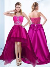 Colorful Fuchsia Lace Up Prom Evening Gown Beading and Ruching Sleeveless With Brush Train