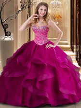 Dynamic Fuchsia Ball Gowns Tulle Sweetheart Sleeveless Beading and Ruffles Floor Length Lace Up Quinceanera Gown