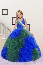 Perfect Halter Top Blue and Dark Green Ball Gowns Beading and Ruffles Party Dress Lace Up Fabric With Rolling Flowers Sleeveless Floor Length