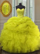 Comfortable Yellow Sweetheart Neckline Beading and Ruffles and Pick Ups 15 Quinceanera Dress Sleeveless Lace Up
