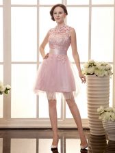 Exquisite Baby Pink Zipper Prom Gown Lace Sleeveless Mini Length