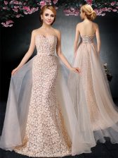 Glamorous Peach Sleeveless Organza and Lace Brush Train Lace Up Prom Dresses for Prom and Party
