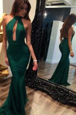  Sweep Train Mermaid Evening Dress Green Halter Top Elastic Woven Satin Sleeveless Backless