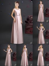Fantastic Square Floor Length Pink Quinceanera Court Dresses Elastic Woven Satin Sleeveless Bowknot