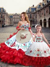 Shining Organza and Taffeta Sweetheart Sleeveless Lace Up Embroidery Sweet 16 Quinceanera Dress in White And Red