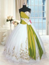 Cute White Sleeveless Embroidery and Sashes ribbons Floor Length Quince Ball Gowns