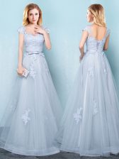 Low Price Light Blue Quinceanera Court of Honor Dress Prom and Party and Wedding Party with Appliques and Belt Scoop Cap Sleeves Lace Up