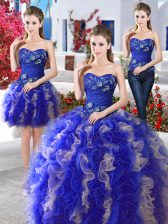  Three Piece Organza Sweetheart Sleeveless Lace Up Beading Quince Ball Gowns in Blue