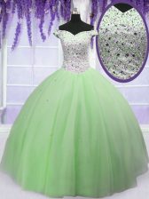  Off the Shoulder Floor Length Apple Green Quinceanera Gowns Tulle Short Sleeves Beading