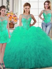  Three Piece Turquoise Tulle Lace Up Scoop Sleeveless Floor Length Sweet 16 Dress Beading and Ruffles