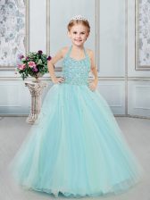 Eye-catching Halter Top Sleeveless Tulle Floor Length Lace Up Little Girls Pageant Gowns in Light Blue with Beading