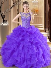  Scoop Sleeveless Beading and Ruffles Lace Up Quince Ball Gowns
