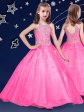  Halter Top Floor Length Hot Pink Party Dress for Girls Organza Sleeveless Beading