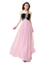 High End One Shoulder Pink And Black Sleeveless Chiffon Zipper for Prom