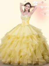 Fashion Beading and Ruffles Quinceanera Gown Yellow Lace Up Sleeveless Floor Length
